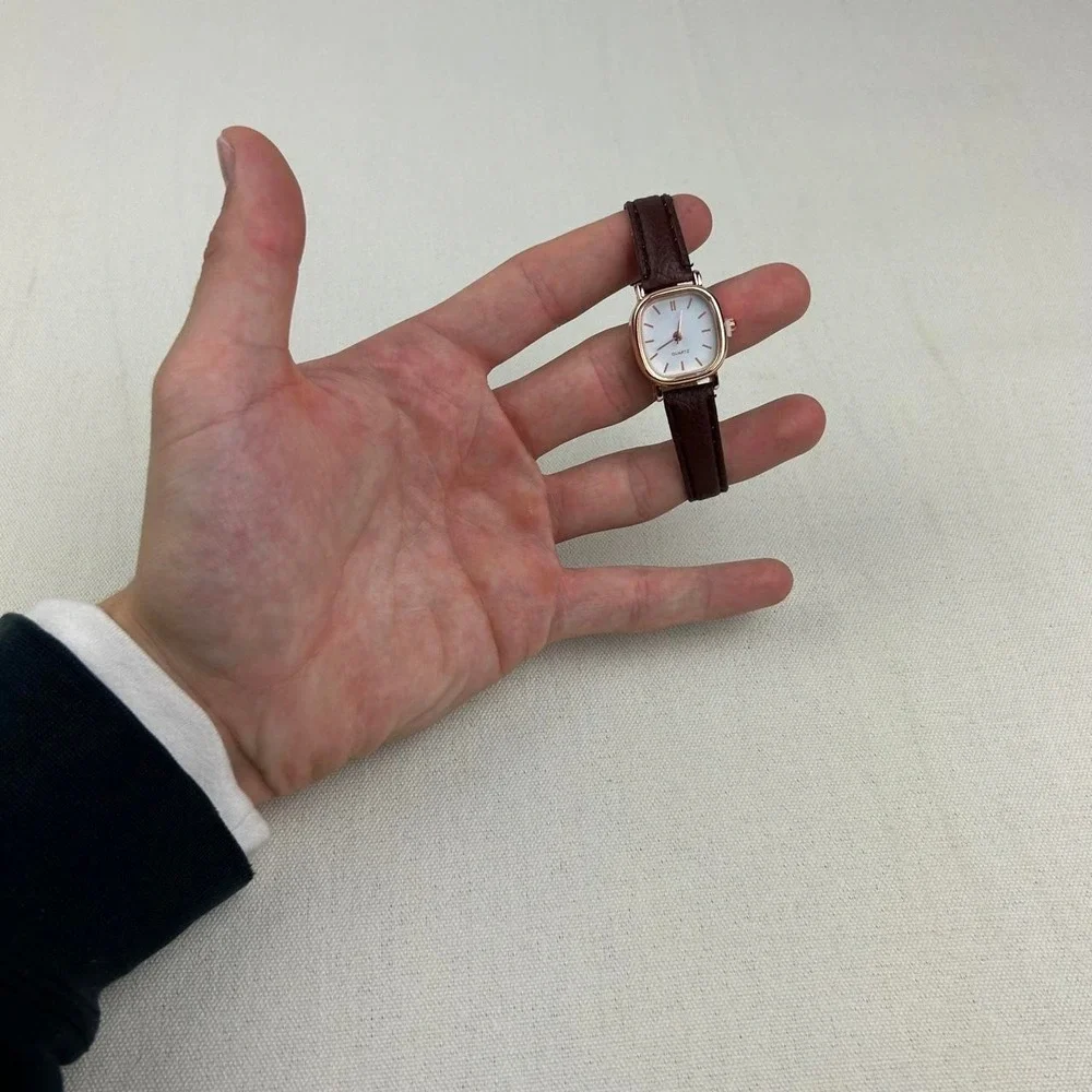 Minimalistic vintage style miniature watch square quartz brown and gold